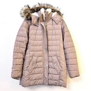 Abercrombie Kids Faux Fur Sherpa Lined Hooded Puffer Coat Tan Size 15/16